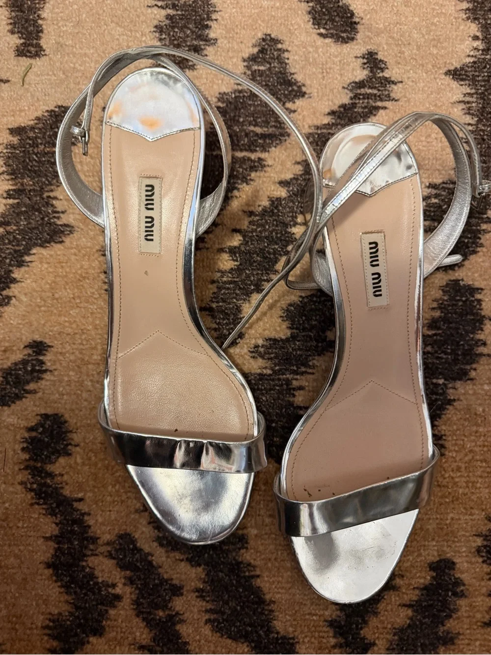 Miu Miu Metallic Silver Ankle-Strap block heels Sandals